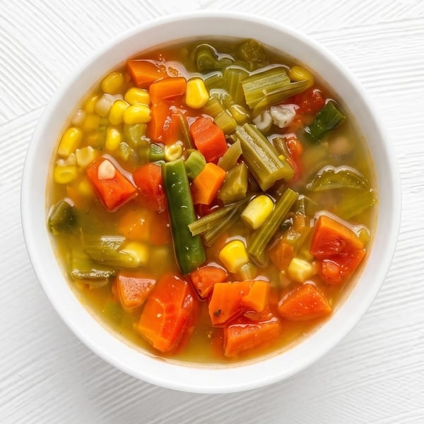 A white bowl filled with colorful vegetable soup, including carrots, corn, and green beans.