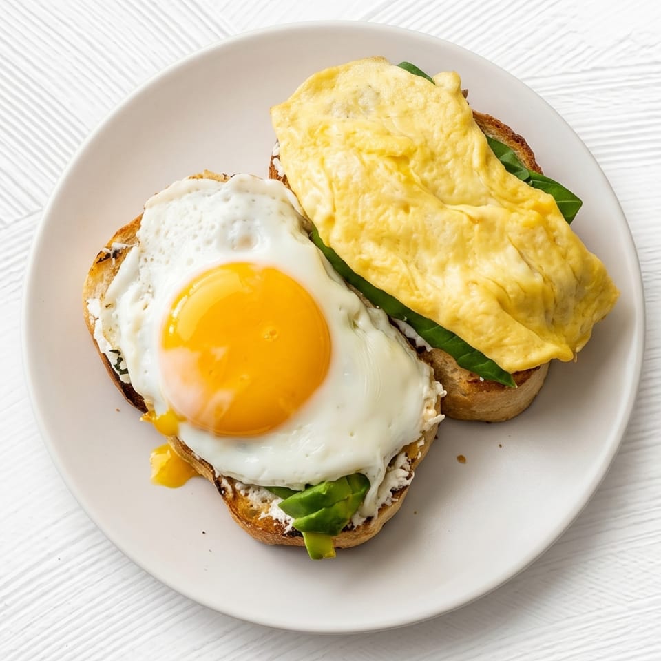 Two pieces of toast with eggs, one fried and one scrambled, on a white plate.