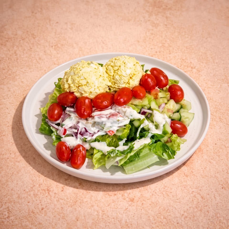 Fresh salad with lettuce, cherry tomatoes, cucumbers, red onion, creamy dressing, and two scoops of egg salad on a plate.