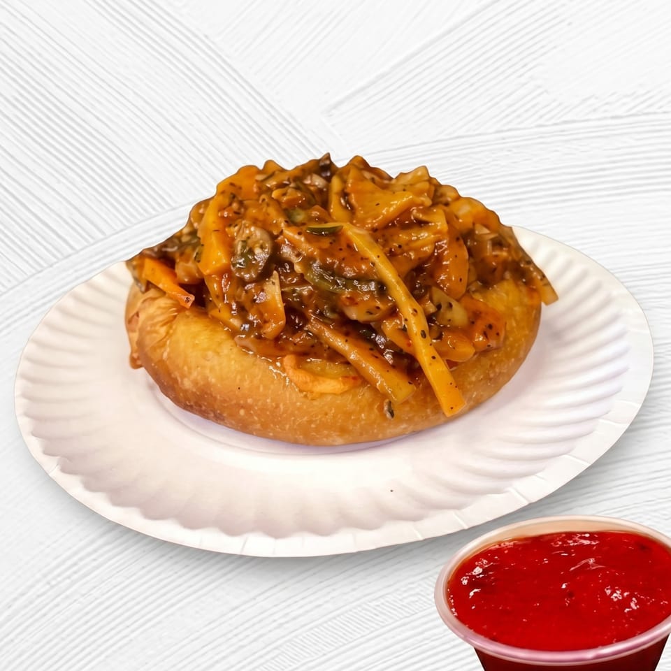Fried dough topped with a savory mushroom and vegetable sauce, served with a side of red dipping sauce.