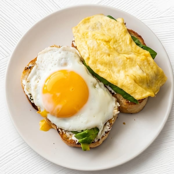Two pieces of toast with eggs, one fried and one omelet, on a white plate.