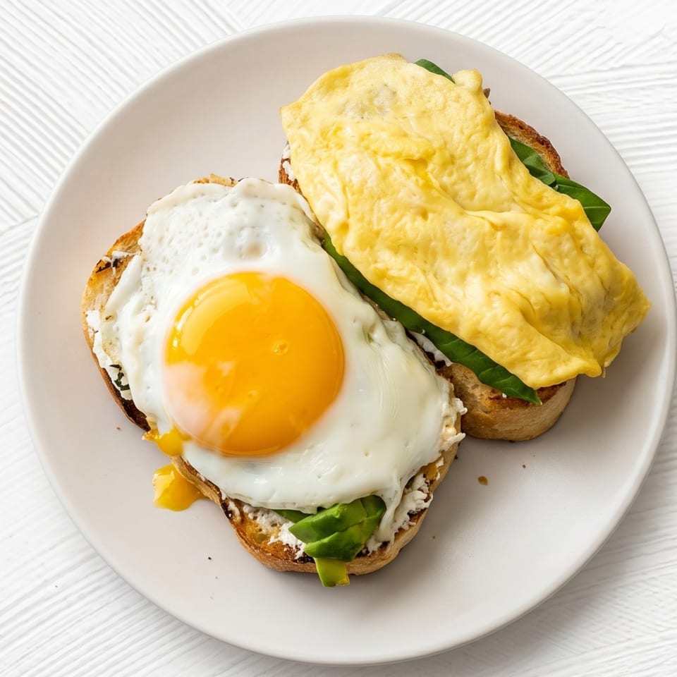 Two pieces of toast with eggs, one fried and one omelet, on a white plate.