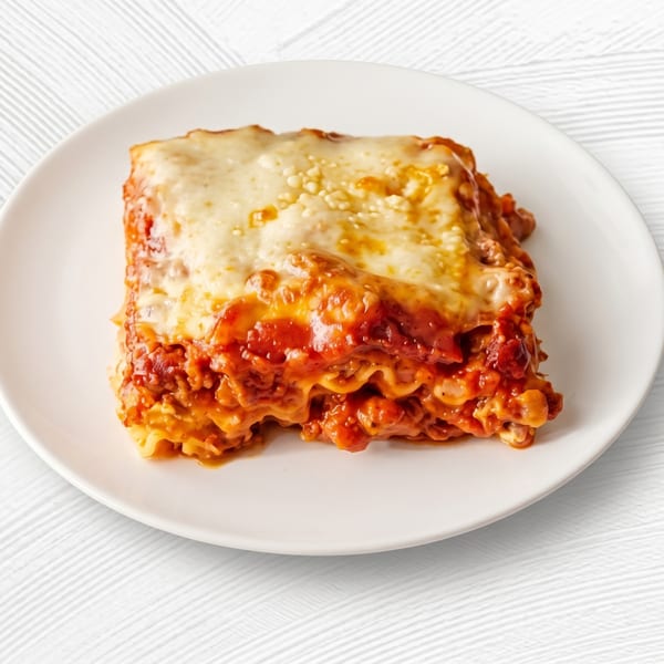 A serving of lasagna with melted cheese and rich red sauce on a white plate.