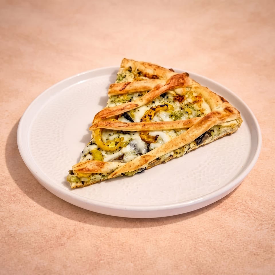 Triangular flatbread topped with melted cheese, roasted yellow peppers, mushrooms, herbs, and crisp bread strips on a white plate.