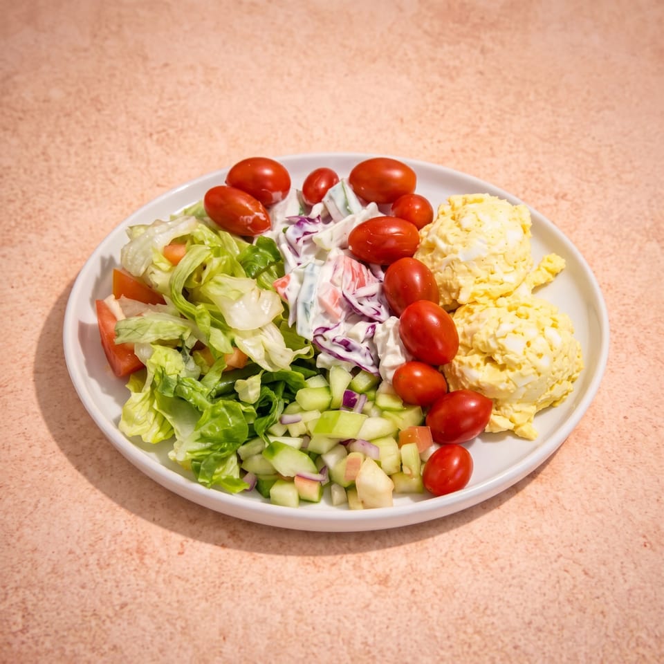 Plate of mixed green salad, creamy coleslaw, cherry tomatoes, cucumber, and scoops of potato salad.