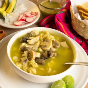 Delicious Mexican mushroom soup served with fresh garnishes, lime, and tortilla chips.